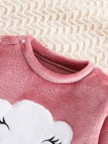 女婴云朵图案羊毛圆领上衣和印花羊毛裤两件套睡衣套装，秋冬 - 粉色 - 查看 3