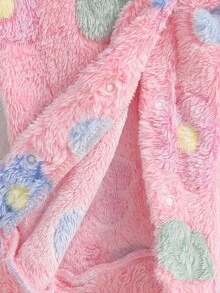 SHEIN Playful Pals 1 件女婴连帽长袖连体衣，带拉链的毛绒衬里厚羊毛连体衣，可爱花卉和心形印花，防风休闲装，适合秋冬季 - 粉色 - 查看 6