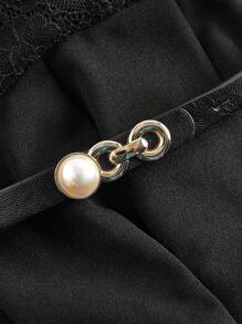 SHEIN MOD 女式黑色蕾丝拼布细肩带中长连衣裙（配腰带） - 黑色 - 查看 3