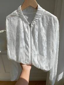 Comfortcana Women's Casual Daily Street Jacquard Zip-Up Jacket, Spring/Autumn,Fall Women Clothes - White - View 3