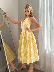 Sweetina 夏季优雅格子露背挂脖连衣裙 - 黃色 - 查看 5