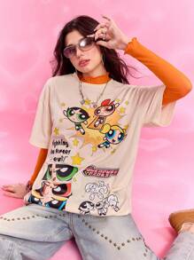 THE POWERPUFF GIRLS X SHEIN 女士休闲花朵、泡泡、毛茛图案圆领短袖 T 恤，夏季 - 米色 - 查看 4