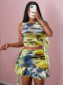 Slaydiva Women's 70s Yellow Summer Two Piece Outfits,Leopard Print Round Neck Sleeveless Ruffled Vest Top & Asymmetrical Mini Skirt,Night Out Party Dress - Multicolor - View 6