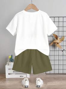 SHEIN ModeFlare Wear Baby Boy Casual Simple Cartoon Retro Print Short Sleeve T-Shirt And Shorts Set, Suitable For Summer - Army Green - View 4