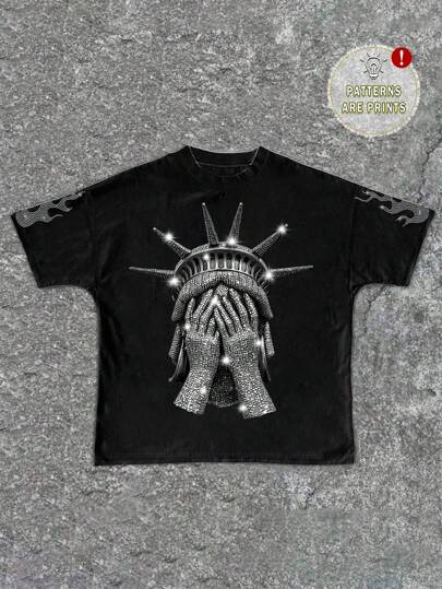 SHEIN Áo thun ngắn tay cổ tròn phong cách hiphop tối giản, in hình tượng Nữ thần Tự do đính đá lấp lánh, chữ cái tiếng Anh nhuộm tie-dye, thích hợp cho mùa hè.