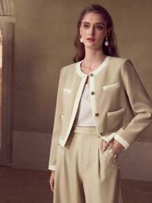 MOTF PREMIUM CONTRAST BINDING SINGLE BREASTED PLACKET JACKET - Khaki - View 3