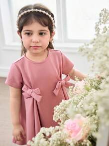 Babygirl 优雅可爱粉色蝴蝶结短袖宽松连衣裙 - 粉色 - 查看 4