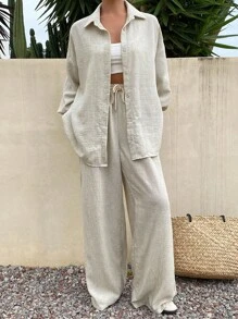 Livesso Bộ 2 món đồ mặc nhà kiểu vải lanh rộng rãi, thoải mái dành cho nữ, thích hợp cho mùa thu. - Màu Khaki - Xem 6