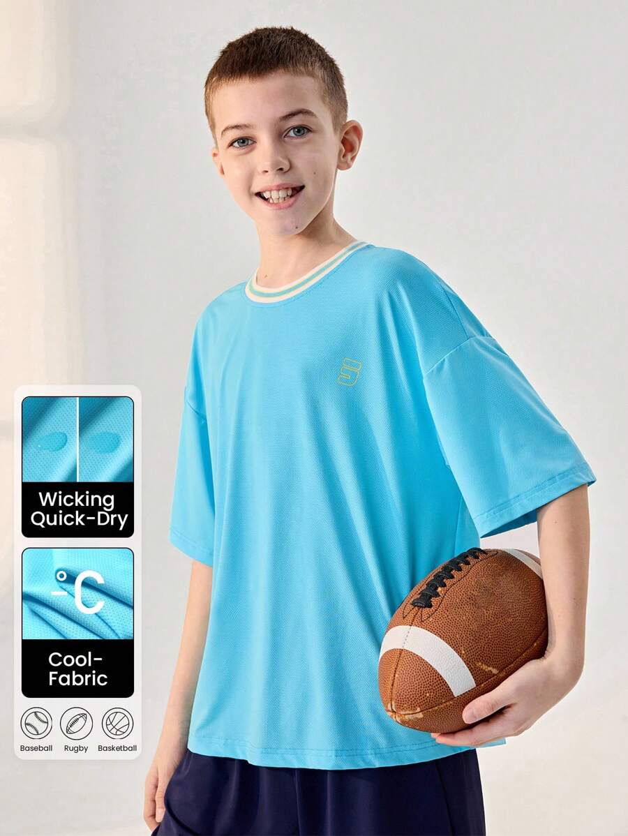 JNSQ Back To School Outdoor Sports Short Sleeve T-Shirt, Kids Contrast Color Round Neck Funny Letter Print Tee - Blue - View 1