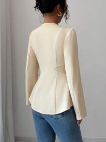 Elenzga Áo khoác vải họa tiết màu mơ vàng dài tay bất đối xứng, thắt eo thanh lịch dành cho nữ khi đi làm - Màu vàng - Xem 4