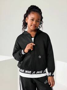 JNSQ Back To School Clothes, Tween Girl And Boy Outdoor Casual Hooded Sweatshirt Jacket, 3M Reflective Letter Print Elastic Hem Hooded Sweatshirt Outerwear, Suitable For Autumn, Winter Daily Wear, Outdoor Activities, Vacation, Streetwear, Party And Leisure - Black - View 3
