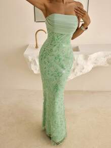 Vowa Vestido con tirantes finos, con bordado de cuentas, de malla brillante y negro, con espalda abierta y lazo, con sutil bajo de cola de sirena, adecuado para discoteca, fiesta, playa, vacaciones y cóctel