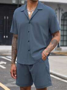 Manfinity Homme 男士休闲纯色简约纽扣衬衫和短裤套装 - 深色水洗藍 - 查看 6