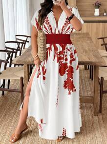 Weeklong Plus Size Summer Floral Print Slit Waist Dress - Multicolor - View 1