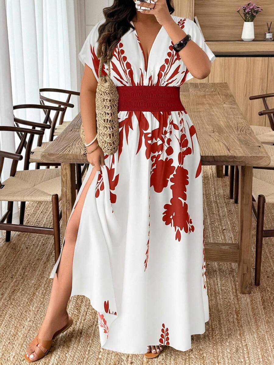 Weeklong Plus Size Summer Floral Print Slit Waist Dress - Multicolor - View 1