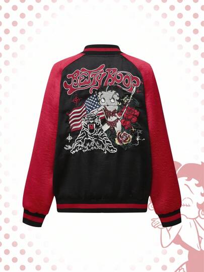 Betty Boop | ROMWE Giacca retrò oversize con grafica floreale e patch di bandiere nazionali, in stile Y2K Baddie