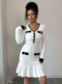 Franclia 全新复古法式拼色V领长袖针织修身中长连衣裙