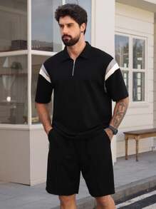 DAZY Men's Contrast Color Patchwork Polo Shirt Set, Summer