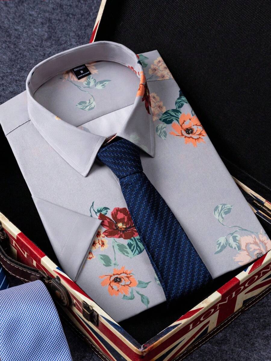 Manfinity RSRT Men's Casual Floral Print Short Sleeve Shirt, Summer - Light Grey - View 1