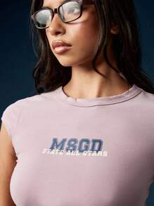 MISSGUIDED Baby Tee Crop Top MSGD Varsity Text All Stars Collegiate Style Pink Fitted Short Sleeve School Spirit Campus Wear Statement Modern Streetwear - Purple - View 3