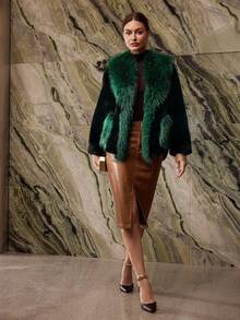 MOTF PREMIUM 秋冬撞色瀑布仿皮草大衣 - 黑色 - 查看 6