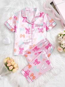2pcs Girls' Butterfly Print Short Sleeve Pants Cute Pajama Set, Spring/Summer - Pink - View 1