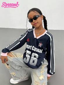 Tween Girl Navy Blue And White Number Print Sweatshirt,Autumn Casual School Back-To-School Long Sleeve T-Shirt,Vibrant Color Contrast Numeric Design - Royal Blue - View 6