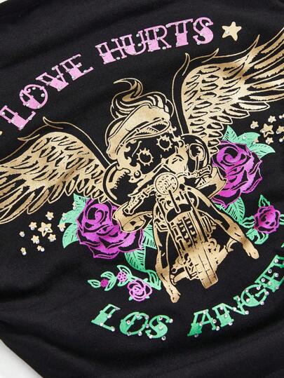 Betty Boop | ROMWE Top sin tirantes con estampado de alas vintage y tachuelas, estilo motocicleta para mujeres