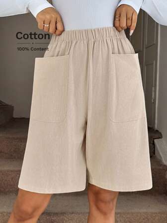 SHEIN LUNE Teacher Outfits  Midi Shorts With Pockets,  For Women, Autumn Wide Leg Shorts Womens Long Shorts Modest Shorts Khaki Shorts High Waisted Shorts Beige Women Pants Khaki Pants Business Professional Women Baggy Pants Women Casual Shorts Womens Shorts With Pockets Back To School