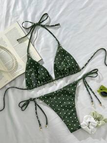 Swim Mod Springbreak Women's Polka Dot Print Swimsuit Set, Random Print For Summer Beach Vacation - Army Green - View 2