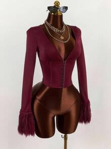 Amplova Fall Clothes For Women Winter Clothes Corset Metal Button Decor Fringed Tight Fit Jacket Elegant Burgundy Knit Cropped Jacket With Feathered Sleeves And Sophisticated Fit