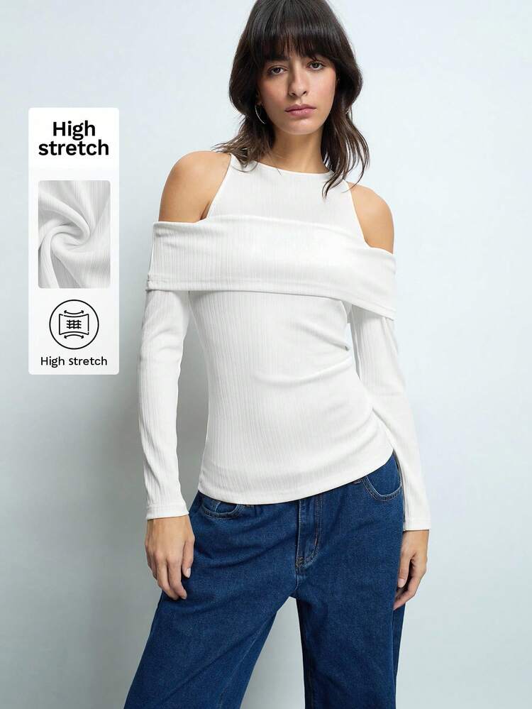 SHEIN Maija Women Casual Open Shoulder Round Neck Elegant T-Shirt, Daily Wear, White, Early Spring Festival