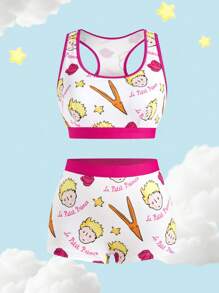 LE PETIT PRINCE X SHEIN 女士舒适撞色边卡通图案文胸和内裤套装 - 玫紅色 - 查看 1