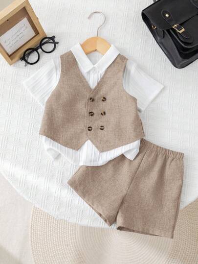 SHEIN Bộ 2 món/Bộ quần áo vest và quần short kaki hai hàng khuy phong cách Hàn Quốc thường ngày mùa hè cho bé trai/bé gái, thích hợp cho tiệc sinh nhật, tiệc tối, biểu diễn, đám cưới, tiệc chào đón em bé, tiệc mừng sinh nhật lần thứ 1