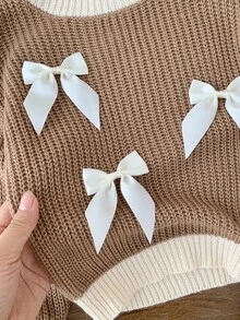 SHEIN 2 件套女婴可爱拼色蝴蝶结装饰长袖毛衣和裤子套装，秋冬 - 棕色 - 查看 3