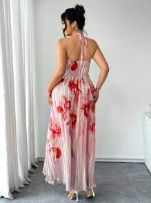 Elenzga Romantisches Maxikleid in Große Größen mit Aquarellmuster in Mehrfarbigkeit, Blumen-Muster, Spaghettiträgern, geraffter Büste, plissiertem Saum, eleganter Freizeitmode für den Urlaub - Verschiedenfarbig - Übersicht 2
