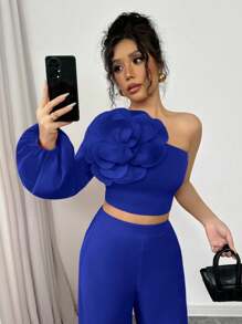 Elenzga Áo croptop nữ dáng ôm thanh lịch, họa tiết hoa đỏ 3D, họa tiết hoa hồng ngày lễ tình nhân, tay áo đèn lồng bất đối xứng, thời trang xuân/hè mới - Xanh đậm - Xem 3