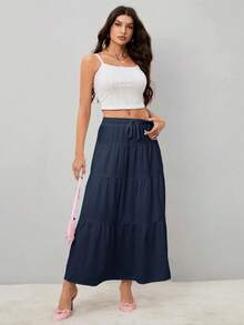 SHEIN Tall 女士纯色高腰系带荷叶边下摆长裙 - 藏蓝色 - 查看 3