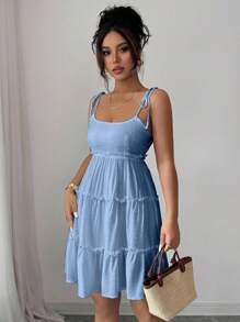 Elenzga Váy yếm viền xếp li chấm bi Swiss Dot Frill Trim cho trang phục đi biển dành cho nữ - Màu xanh nhạt - Xem 4