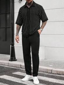 Manfinity CasualCool 男士休闲条纹前扣短袖衬衫和裤子套装，夏季，男士两件套，男士两件套，男士夏季服装男士两件套条纹男士条纹衬衫套装，男士夏季套装，男士夏季服装，男士夏季服装，男士两件套， - 彩色 - 查看 1