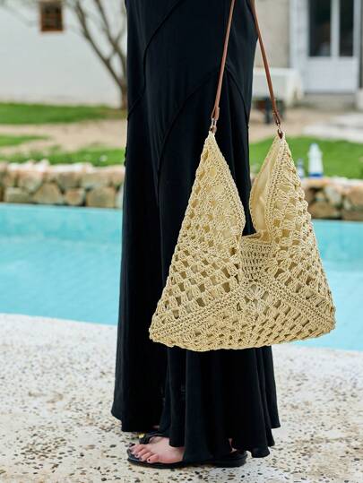 Cirelle A Fashionable Hand-Woven Hollowed-Out Straw Shoulder Bag – Boho Summer Tote Beach Bag, For Vacation, Outings, Camping & Parties