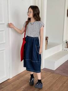 DAZY 2pcs Girls Summer Casual T-Shirt And Denim Skirt Set, Street Style - Blue - View 2