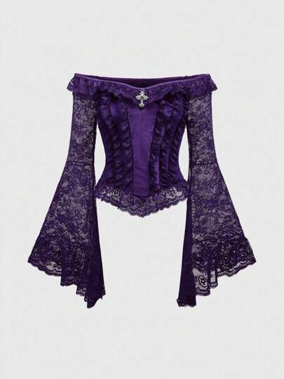 Gothic Palace Style Cross Decor Contrast Lace Flared Sleeve Off-Shoulder Velvet Blouse For Women