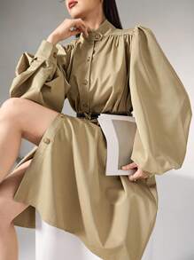 Heiryn 蝴蝶结腰身喇叭灯笼袖高端女式外套，适合秋季穿着 - 卡其色 - 查看 3