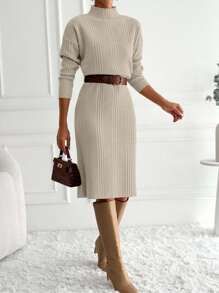 EURMUSE Women's Casual Solid Color Stand Collar Knit Dress, Autumn/Winter,Petite - Beige - View 3
