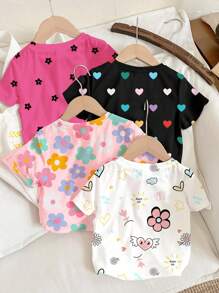 SHEIN Happikins 4pcs/Set Young Girl Casual Basic Round Neck Short Sleeve T-Shirts, Suitable For Spring & Summer, School, Campus, College - Multicolor - View 2