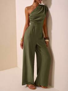 Zivah 2025 春夏新品 音乐节、复活节、圣帕特里克节、西部风、游牧风、生日派对、毕业典礼、校园风、学生装、日常休闲、度假、邮轮旅行、海滩、日光浴、街头风、优雅不对称纹理面料棕色连体裤 - 軍綠色 - 查看 4