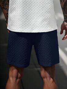 Manfinity CasualCool 男士夏季提花抽绳短裤，带皮革贴片，送给男朋友或丈夫的优雅礼物 海军短裤 男士海军蓝短裤 男士海军短裤 海军蓝泳裤 男士海军蓝泳裤 - 寶藍色 - 查看 2