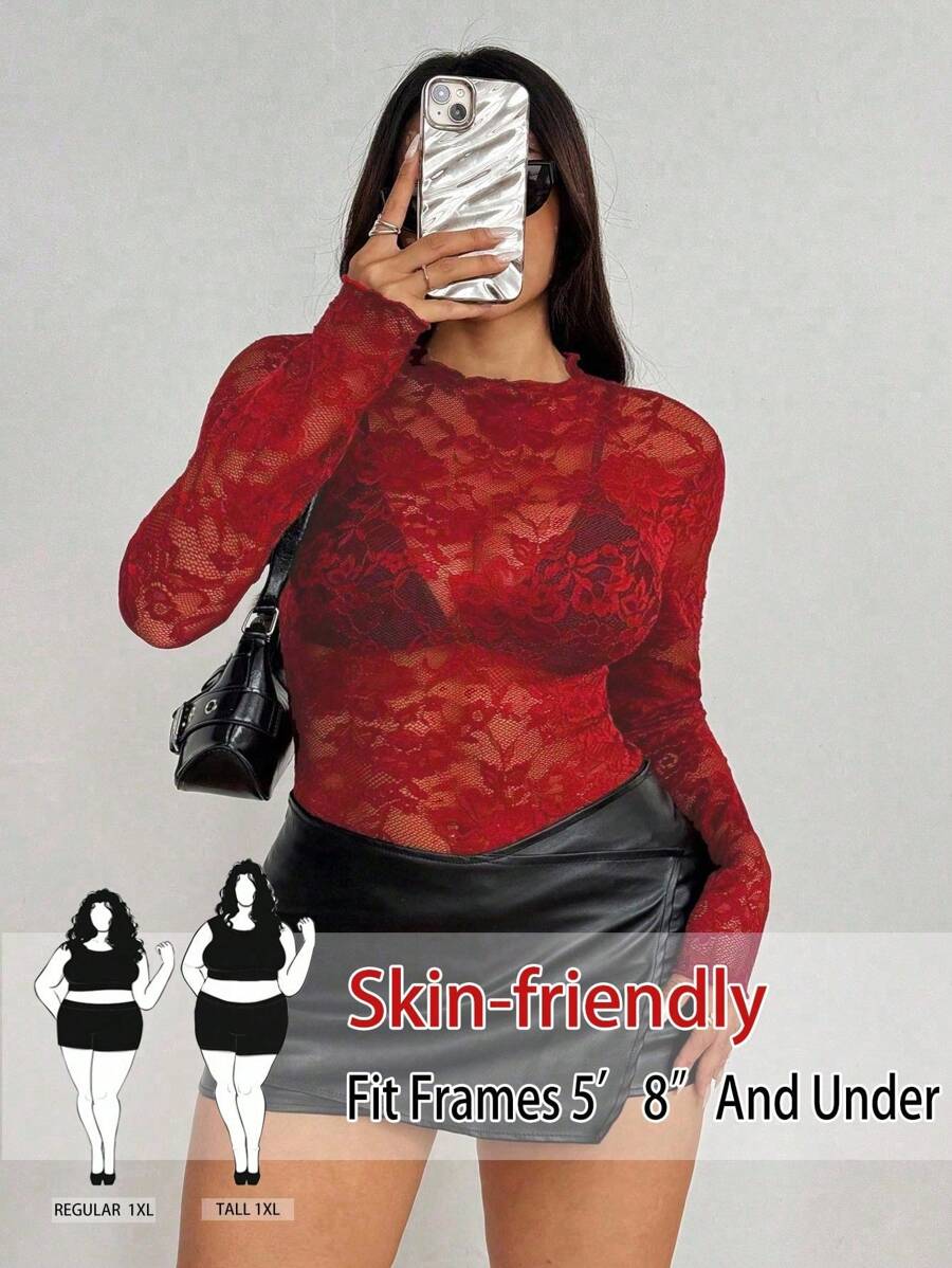 SHEIN Tall Plus Size Women Sexy Sheer Lace Long Sleeve Round Neck Casual Slim Fit High Stretch Christmas Pullover Top T-Shirt