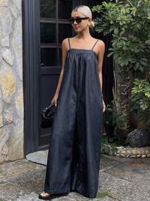 DAZY 女式宽松长款牛仔背带裤，休闲街头风格连体裤 - 深色水洗藍 - 查看 6